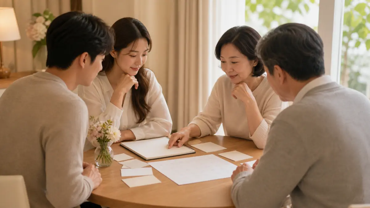 예비부부와 부모가 결혼 준비 역할과 결정 항목을 조율하는 장면