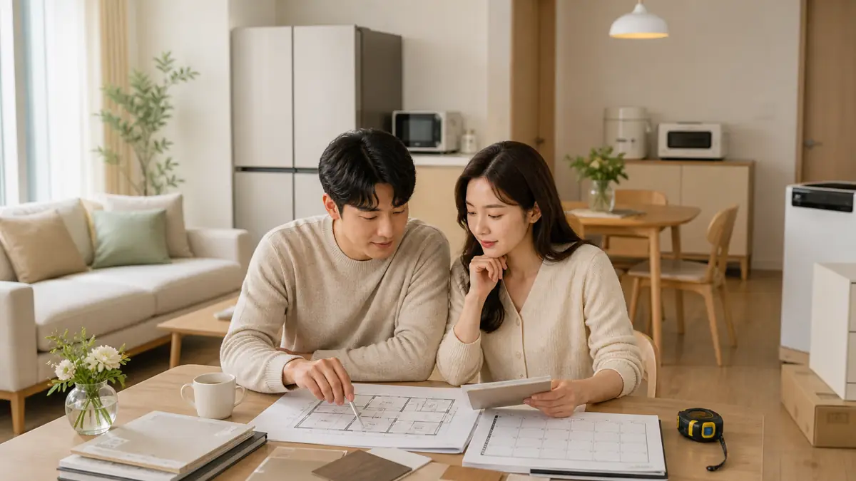 신혼집에서 가전·가구 배치와 배송 일정을 비교하는 예비부부